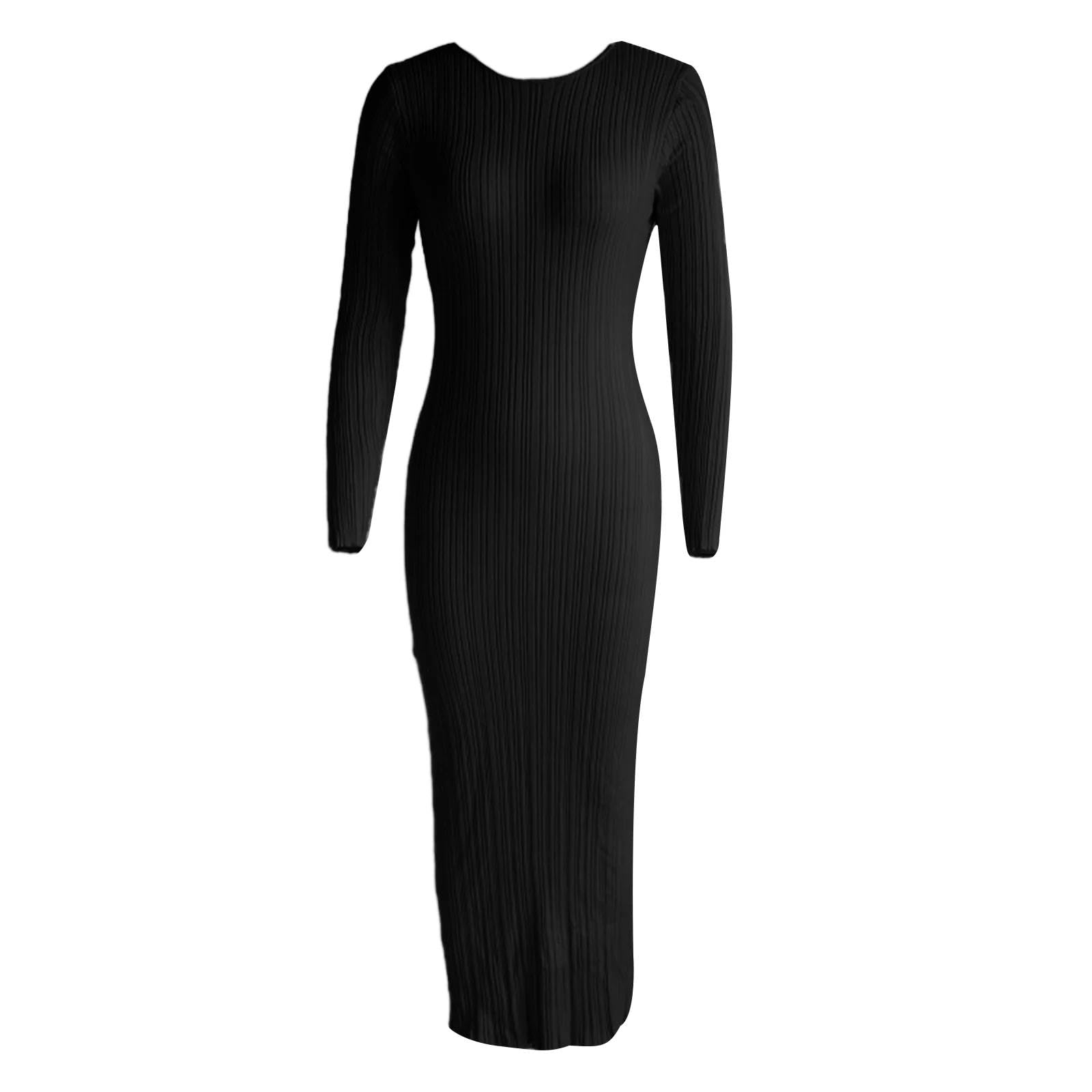Vestido de Punto de Primavera para Mujer, Vestido Largo de canalé con Cuello Redondo y Manga Larga, Negro, M