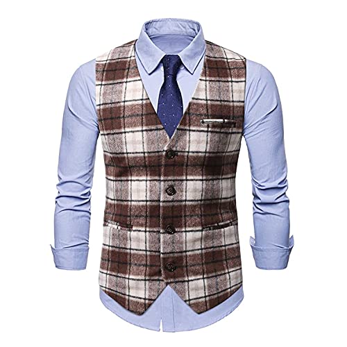 Menâs Official Business Suit Vest Classic V-Neck Plaid Fashion Button Premium Waistcoat Coffee