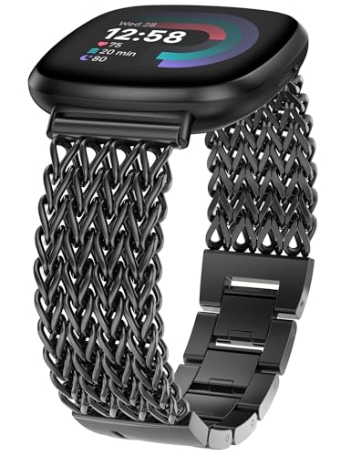 Minyee Metal Bands Compatible with Fitbit Sense 2/Versa 4/Versa 3/Sense Bands Women, Dressy Stainless Steel Multi-chain Fancy Black Adjustable Link Bracelet Wristband Replacement Strap for Versa 4