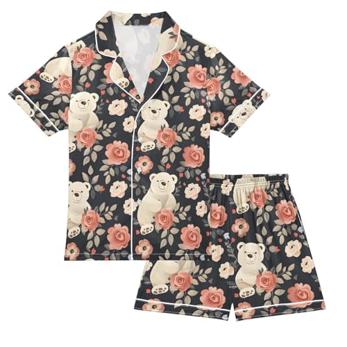 ALAZA Bear Rose Flower Floral Pajamas Satin Pajama Set Short Sleeve Button Down Sleepwear