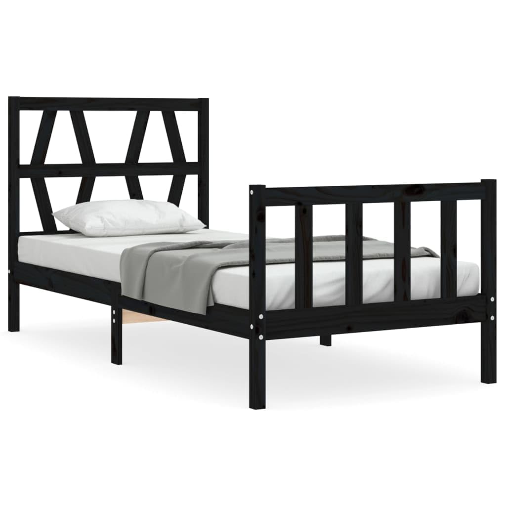 lite drewno sosnowe z wezgłowiem i zanóżkiem 75x190 cm czarny | Rama łóżka z wezgłowiem i zanóżkiem, czarna, lite drewno sosnowe, 195,5x80,5x100 cm, listwy ze sklejki, do sypialni, bez