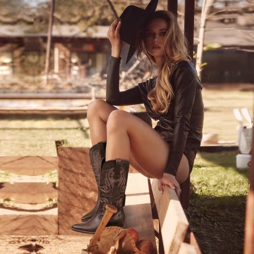 Image of SelRoys Cowboy Boots for Women Cowgirl Mid Calf Western Boots Embroidered Stitched Pointed Toe Chunky Block Heel Brown Red Black US5-11