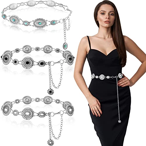 Junkin 3 Pcs Women Concho Western Chain Belts Turquoise Chain Belts Antique Western Waist Belts Country Metal Belt Link Belt