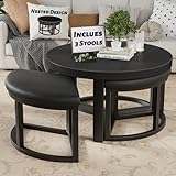 IGERI Round Coffee Table with Stools Underneath - 30 Inch Small Modern Tables Set with 3 Chairs Ottomans Seating Seats Black Wood