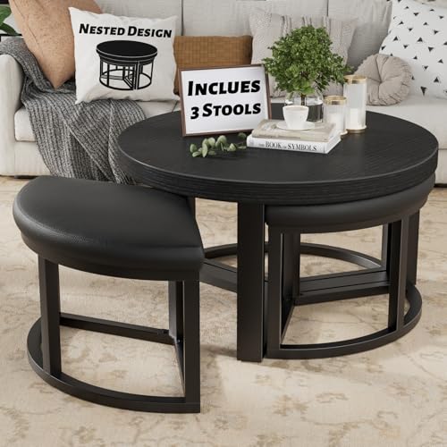 IGERI Round Coffee Table with Stools Underneath - 30 Inch Small Modern Tables Set with 3 Chairs Ottomans Seating Seats Black Wood