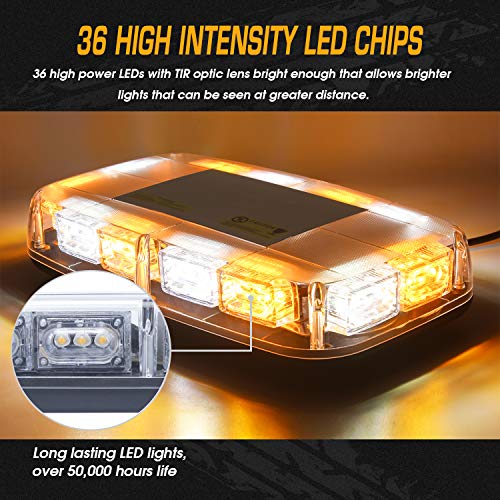 LED Strobe Light, 12V-24V 36 LED High Intensity Emergency Flashing Hazard Warning Mini Lighting Bar/Beacon/with Magnetic Base and 16 ft Straight Cord for Car Trailer Roof Safety (Amber/White) - Thumbnail 5