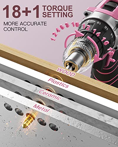 Drill Set, Oubel 12V Cordless Drill Pink With 42 Acessories, Pink Power Drill Cordless With 3/8" Keyless Chuck, Built-In Led, 2 Variable Speed, Pink Drill For Diy Home Projects, Around The House #TOP6