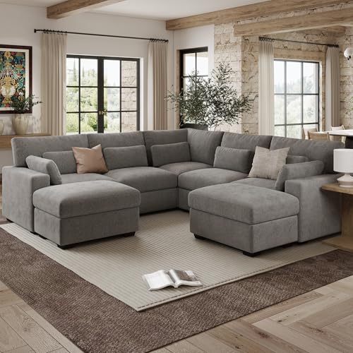 WorthFurni 109.1'' Modular Sectional Sofa,L Shaped Oversized Extra Deep Couches for Living Room, 5-Seat Chenille Couch with Wooden Legs, Movable Ottoman, 2 Arm Pillows and 5 Lumbar Pillows, Gray