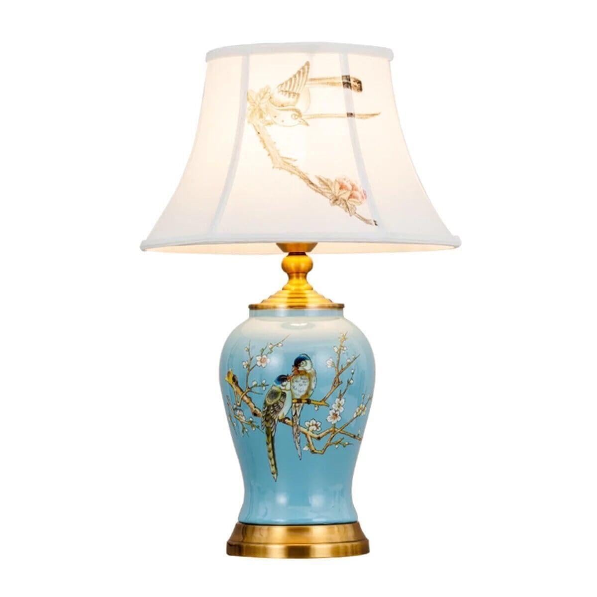 HvKvHvY Vintage Ceramic Table Lamps,E27 Handmade Bedside Lamp Nightstand Lamps, Classic Chinoiserie Green Fabric Desk Lamp for Bedroom Living Room Office(B03)