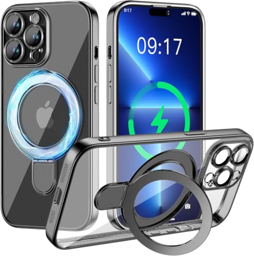 Image of Magnetic for iPhone 13 Pro Case with Invisible Stand[Compatible with MagSafe][Full Camera Lens Protector][Military Drop Protection] Shockproof Not Yellowing Clear Slim Soft for Women Men
