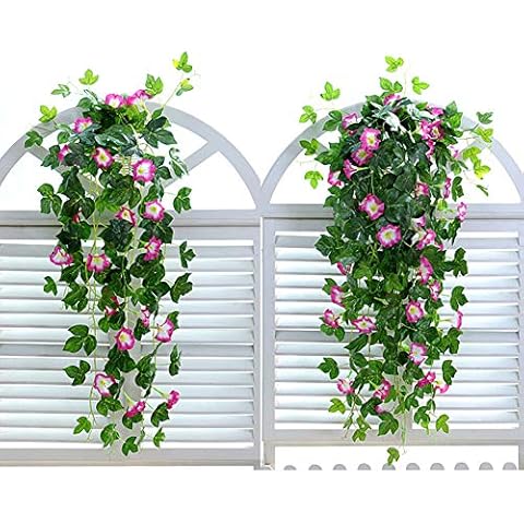 Yimeezuyu Artificial Vines 2pcs Artificial Morning Glory Trumpet Flower Vine Fake Green Plant Home Garden Wall Fence Outdoor Wedding Hanging Baskets Decor Cover