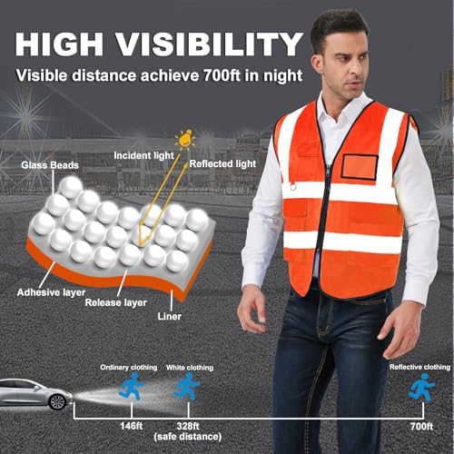 Image of 10 Pack Reflective Safety Vests with Pockets & Zipper, High Visibility Orange Construction Vest for Men Women, Durable ANSI Class 2 Work Vest Strips Vests for Outdoor Work
