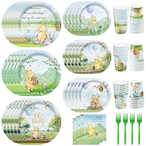 150pcs Bear Baby Shower Table Decorations Plates Napkins Birthday Party Supplies Paper Tableware Set Cups Forks Watercolor Vintage Bear Boys Newborn Kids for 30 Guests