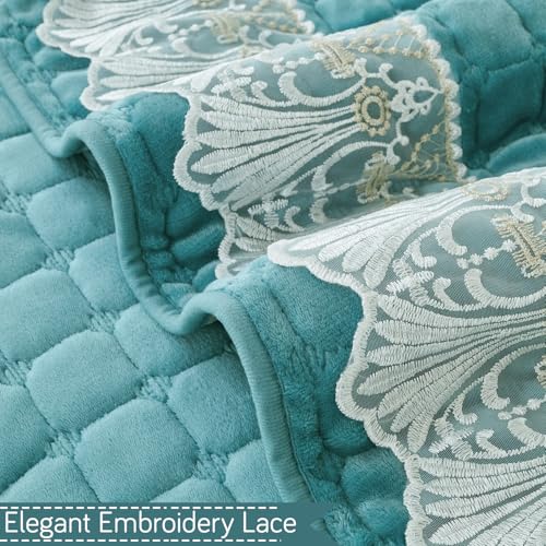 Image of HOKIPO 'BelleLace Series' Imperial Milk Velvet Sofa Backrest Mat Cover with Lace | Anti-Slip | 1 Pc - Teal (AR-6311-TEAL)