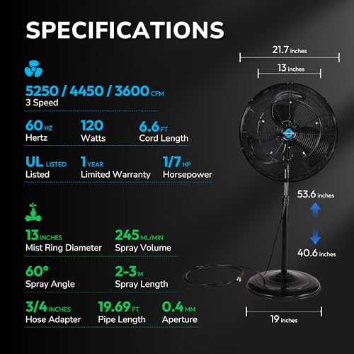 Image of Tornado 20 Inch Outdoor Misting Pedestal Fan, 5250 CFM Oscillating Water-Resistant Fan with 7-Nozzle Misting Kit, 19.69 FT Hose & Brass Adapter for Patio, Garden, Backyard Cooling