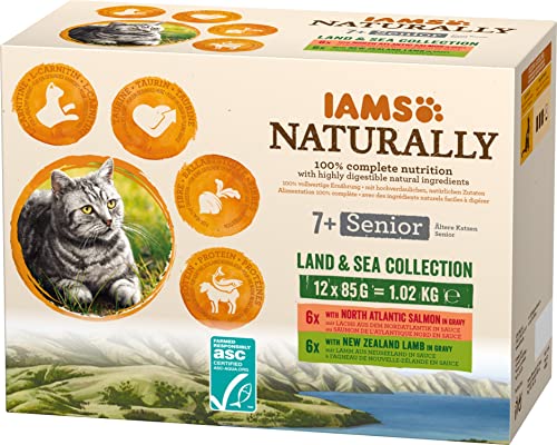 IAMS Naturally Senior Katzenfutter Nass in Sauce - hochwertiges Nassfutter mit Fleisch und Fisch für ältere Katzen, Land & Sea Collection, 12 x 85 g