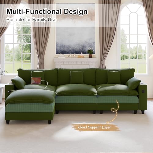 Image of KCGKCG 116 inch Modular Sectional Sofa, L Shaped Cloud Couch with Movable Ottoman, Chenille Deep Seat Cloud Sofa with Charging Station, Cup Holder, Side Pocket, Sectional Couches for Living Room, Green