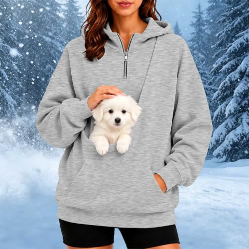 Dog Pouch Sweatshirt Pet Pouch Hoodie Womens Quarter Zip Kangaroo Pocket Travel Errands Cozy Ropa De Invierno Mujer Wardrobe Capsule Woman Over 50 Gray - image 2