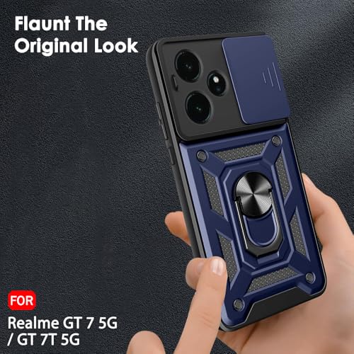 Image of TheGiftKart Tough Armor Bumper Back Cover Case for Realme GT 7 5G / GT 7T 5G / GT 7 Dream Edition | Sliding Camera Cover, Kickstand & Ring Holder | 360 Protection Back Cover Case (PC & TPU, Blue)