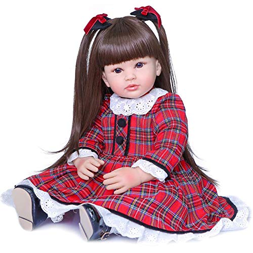 Zero Pam Reborn Toddler Dolls 24 inch, Brown Long Hair Realistic Handmade Reborn Girl Doll with Red Grid Dress British Style