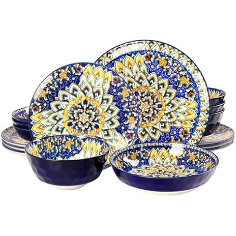 LIUYWYHCF Mandala Dinnerware Sets, Plates and Bowls Set, Porcelain Dishes (16 Pieces) Service for 4, Zanzibar, Bohemian Style Dining Ware, for Kitchen and Dining Multicolor Dinnerware Set, Blue Cover