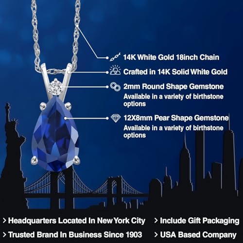 Gem Stone King 14K White Gold Blue Created Sapphire and Lab Grown Diamond Pendant Necklace for Women | 3.61 Cttw | Gemstone September Birthstone | Pear Shape 12X8MM | With 18 Inch Chain2