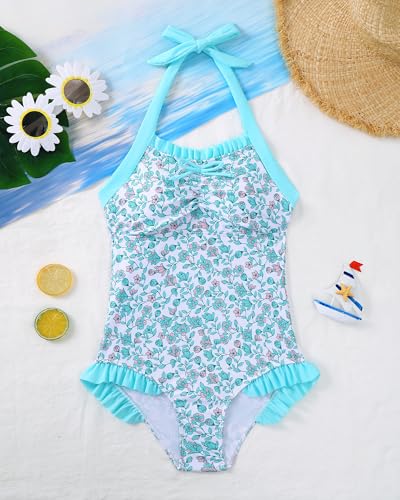 Image of Mioglrie Kids Girls Swimsuit One Piece Bathing Suits Girls' Swimwear 7-14Y | Halter Neck Swimsuits,Striped Design,Ruffle Design,Built‑in Chest Pads,1 Piece Swimwear for Beach,Summer Party