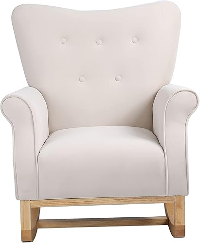 Miniatura 5 de Yoluckea Mecedora moderna, mecedora tapizada, cómoda mecedora con respaldo de ala, base segura de madera maciza para guardería, sala de juegos,