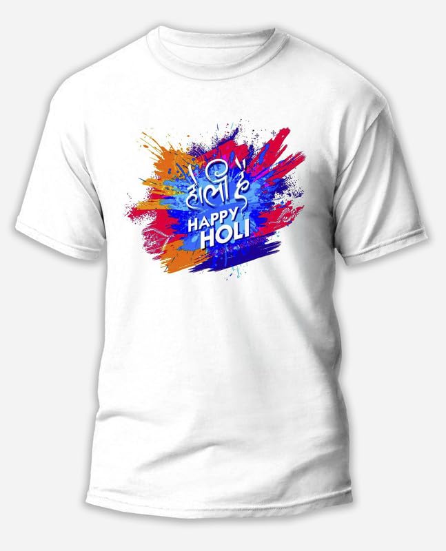 Image of Knitted Polycotton Fabric Regular Fit Men Boys Half Sleeve T-Shirt for Festival of Holi Style 3 White Size : Free
