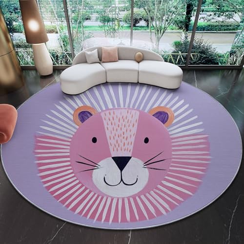 90 cm Alfombras Redondas para Sala de Estar, Caricatura Minimalista Cara De León Sol Estampada Alfombra Redonda Lavable Morado Claro - Pelo Corto Suave Franela Alfombras para Dormitorio Comedor