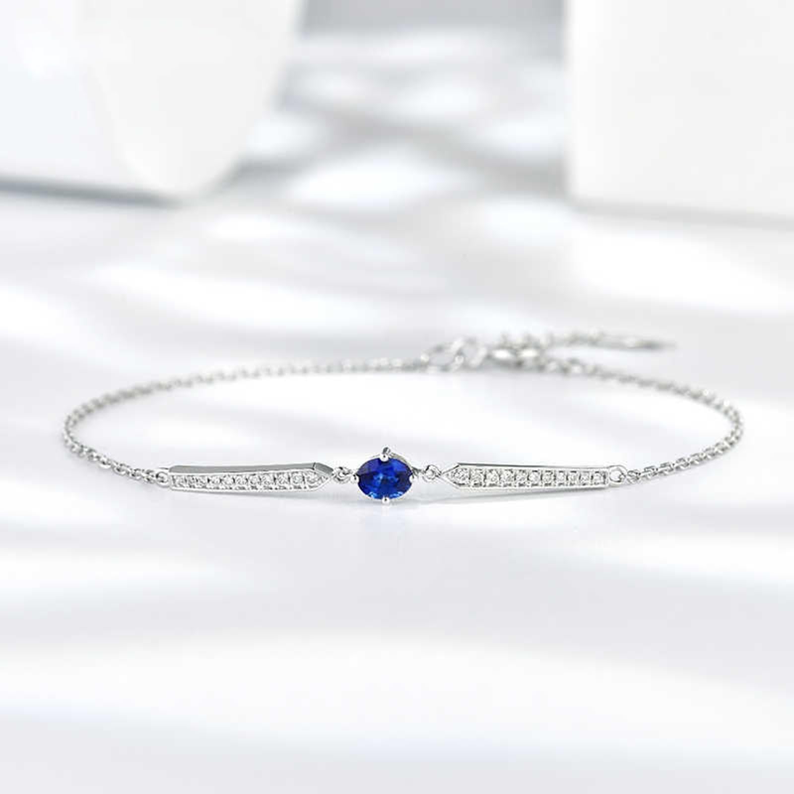 Pulseras de zafiro para mujer de oro blanco ovalado, zafiro de 0,25 quilates, diamantes de 0,08 quilates, pulsera de la amistad para mujer