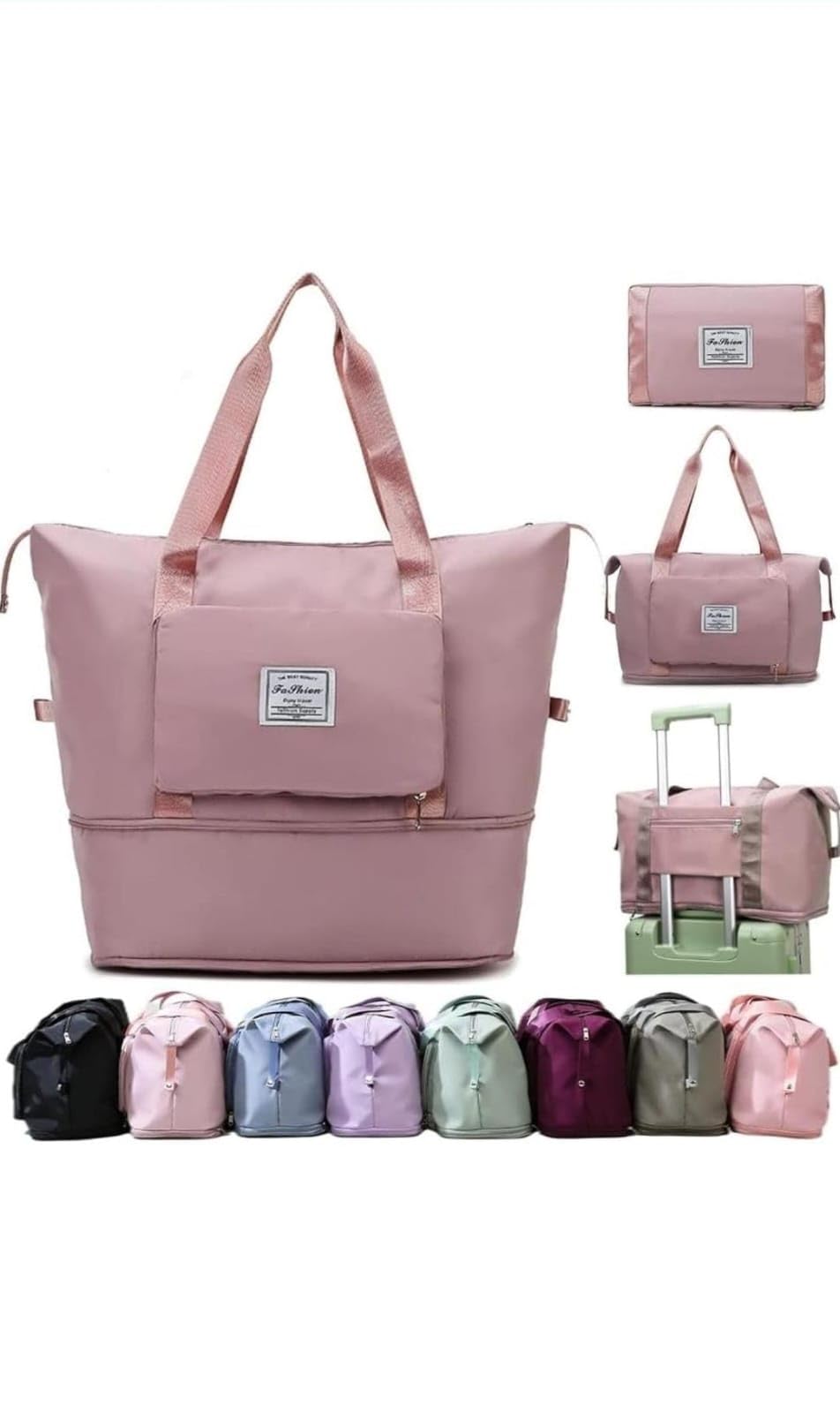 Large Capacity Foldie Travel Bag, Expandable Folding Travel Bag, Waterproof Oxford Duffel Bag, Easy Carry on Suitcase Foldie Bag for Vacation, Sports, Gym, Pink-picture-16
