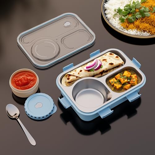 Image of 3-Compartment Stainless Steel Lunch Box, Leak-Proof & BPA-Free Bento Box, Eco-Friendly, Durable Meal Prep Container for Kids & Adults, Ideal for School, Office, College, Travel (Sky Blue)