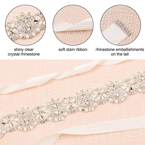 Tendaisy Women's Wedding Belt Crystal Pearls Bridal Sash Rhinestone Dress Belts For Bridal Gowns(Silver-Ivory) #TOP1