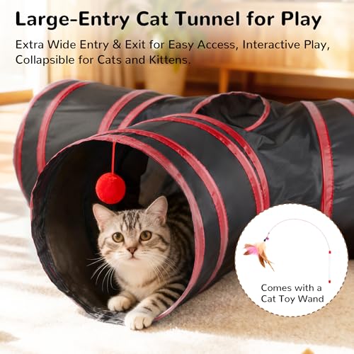 Image of Tempcore Cat Tunnel for Indoor Cats, 3 Way Collapsible Pet Play Tunnel with Teaser Wand, Peek Holes & Hanging Ball, Interactive Tube for Kittens & Rabbits, Black & Red