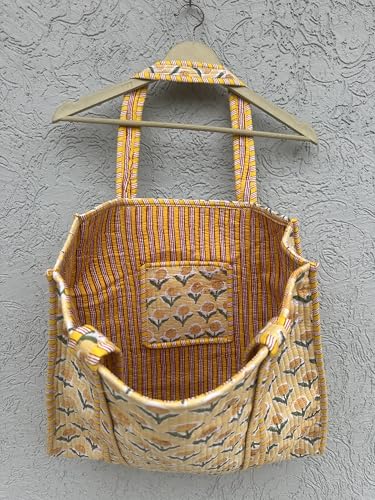 Image of Quilted Cotton Hand printed Reversible Large multicolor cotton Tote Bag,Indian Handmade Block Printed Tote Bag Women Handbag