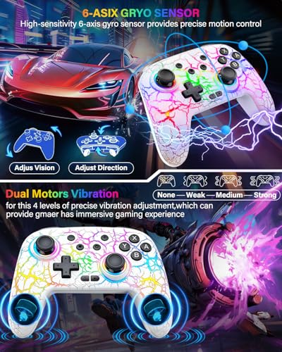 Image of Switch Controller Compatible with Switch /Switch Lite /OLED /PC, Programmable Wireless Switch Controller with 10 LED Light, 6-Axis Motion, Turbo, Vibration, One-Key Wake Up & Pairing, 1000mAh Battery, White