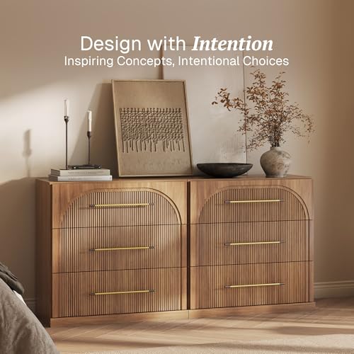Image of BELLEZE Set of 2 Fluted Modular Sideboard Cabinet, Classic Modern Buffet Cabinet with 3 Drawers, 65'' Accent Credenza Cabinet for Living Room Kitchen Entryway (Camel)