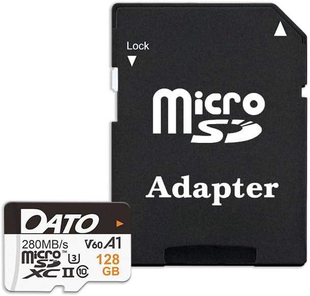 DATO 128GB Lightning microSD Card, UHS-II, A1, C10, U3, V60, Full HD, 4K, Up to 280/180 MB/s microSDXC Memory Card with Adapter, for Phones, Cameras, Portable Gaming Devices