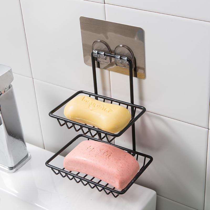 Image of 2-Tier Wall Mounted Soap Holder for Bathroom | Self Adhesive Soap Dish Rack | Rustproof Metal Shower Organizer | Strong Sticker Mount, No Drill, Space Saving Storage Shelf