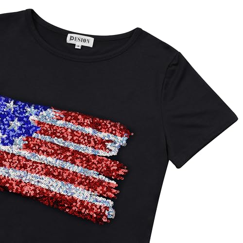 Image of PESION Womens Short Sleeve T-Shirt Sequined Tops O-Neck Funny Graphic Tees Blouse