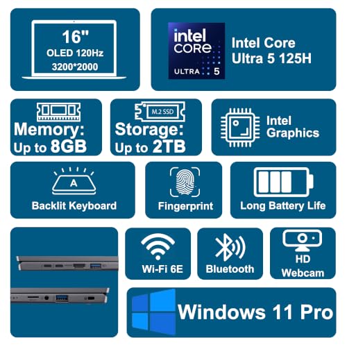 Image of Acer Swift 16 AI Laptop 16 inch WQXGA+ 3200x2000 OLED 120Hz Intel 14-core Ultra 5 125H 8GB RAM 512GB SSD Backlit Fingerprint Thunderbolt Wi-Fi6E For Creator Designer Business Professional Win11Pro ICP Hub