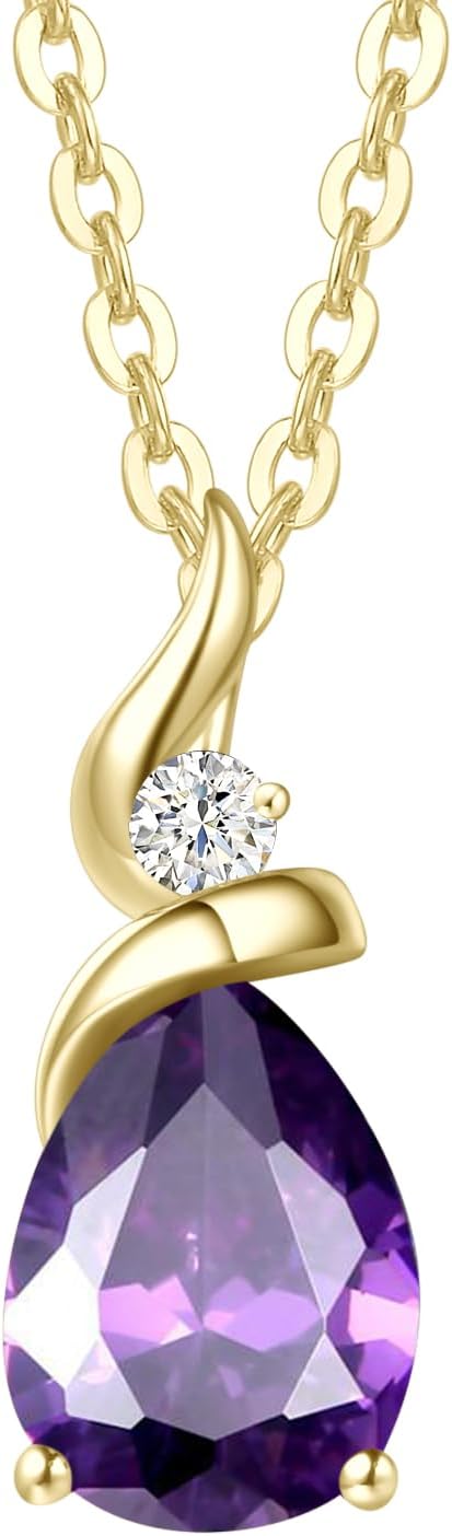 FANCIME 14K Solid Yellow Gold Birthstone Pendant Necklace for Women with Diamond Pear Shaped Teardrop Necklace Birthday Gifts for Mom Women Sterling Silver Chain 16" + 2" Extender
