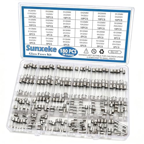 Sunxeke 24 Values 180pcs Fast Blow Glass Fuses Assortment Kit 250V 0.5A 1A 2A 3A 4A 5A 6A 7A 8A 10A 15A 20A 5X20MM 0.5A 1A 2A 3A 4A 5A 6A 7A 8A 10A 15A 20A 6X30MM 250V Fast-Blow Glass Fuses Set