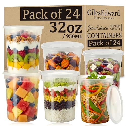 24 Pack 32oz Soup Containers with Lids Large Plastic Food Storage Tubs for Batch Cooking Leakproof Reusable Deli Pots Freezer & Microwave Safe BPA Free Meal Prep Containers for Curry Stew & Soup
