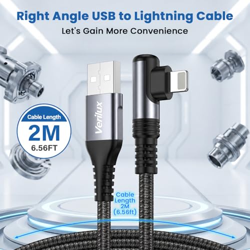 Image of Verilux 6.6FT Right Angle Lighting Cable, 12W USB A to Lighting Cable with 480Mbps Data Synch, Aluminum Alloy Housing & Nylon Braided for iPhone 14 /13 /12, iPad, AirPods