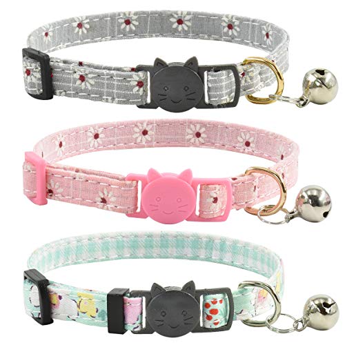 Image of Breakaway Cat Collars with Bell, Set of 3, Durable & Safe Cute Kitten Collars Safety Adjustable Kitty Collar for Cat Puppy 7.5-11in (Gray,Pink,Blue)