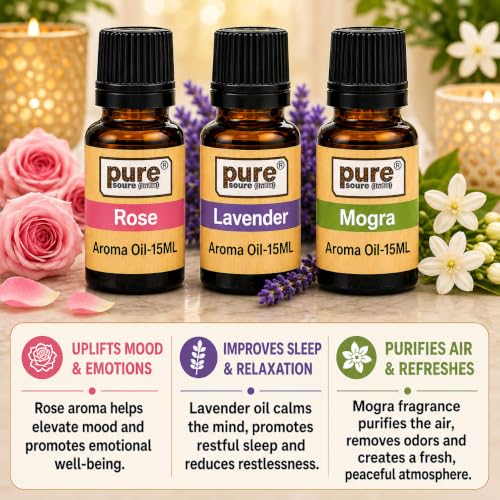 Image of Pure Source India Essential Oil (Lavender, Lemongrass, Rose, Jasmine, Sandalwood and Mogra), 15ml Each, Set of 6