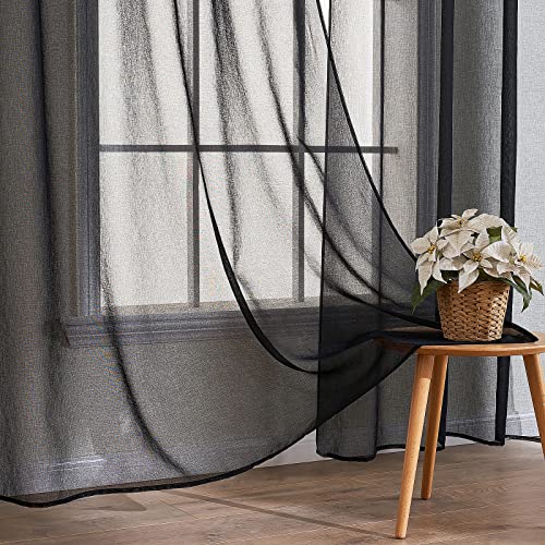 EMEMA Set of 2 Sheer Voile Curtains with Eyelets Transparent Voile Polyester Eyelet Curtain Transparent Living Room Airy Decorative Curtain for Bedroom 140 x 175 cm (W x H) Black - Image 4