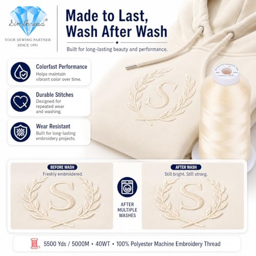 Image of Simthread 5000M 40WT Polyester Embroidery Thread, Macadamia S019 | 5000M 40WT polyester thread feeds smoothly for machine embroidery, monograms, logos, patches and quilting.